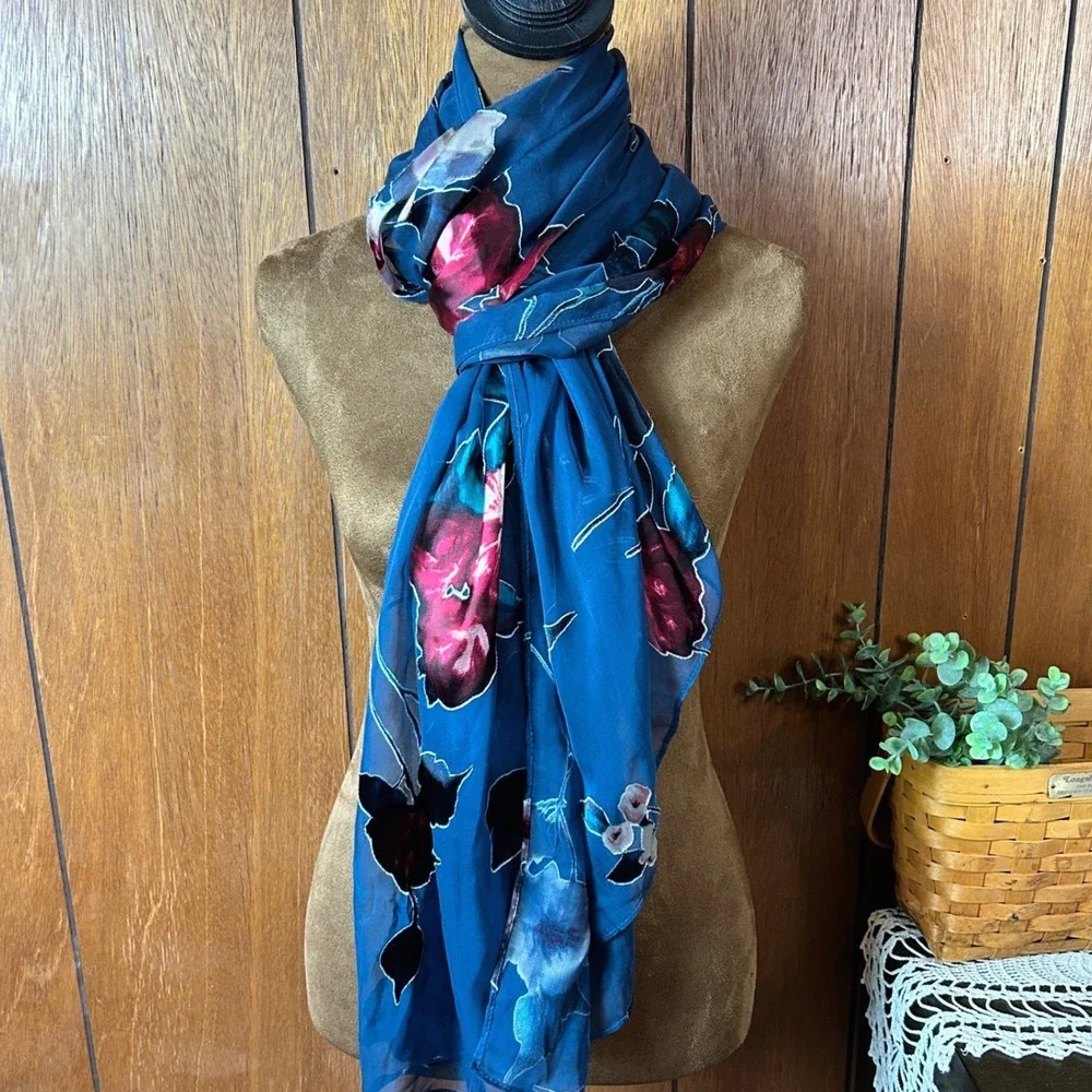 Sheer‎ Floral Scarf Blue Pink Green Large Lightweight Fashion Accessory